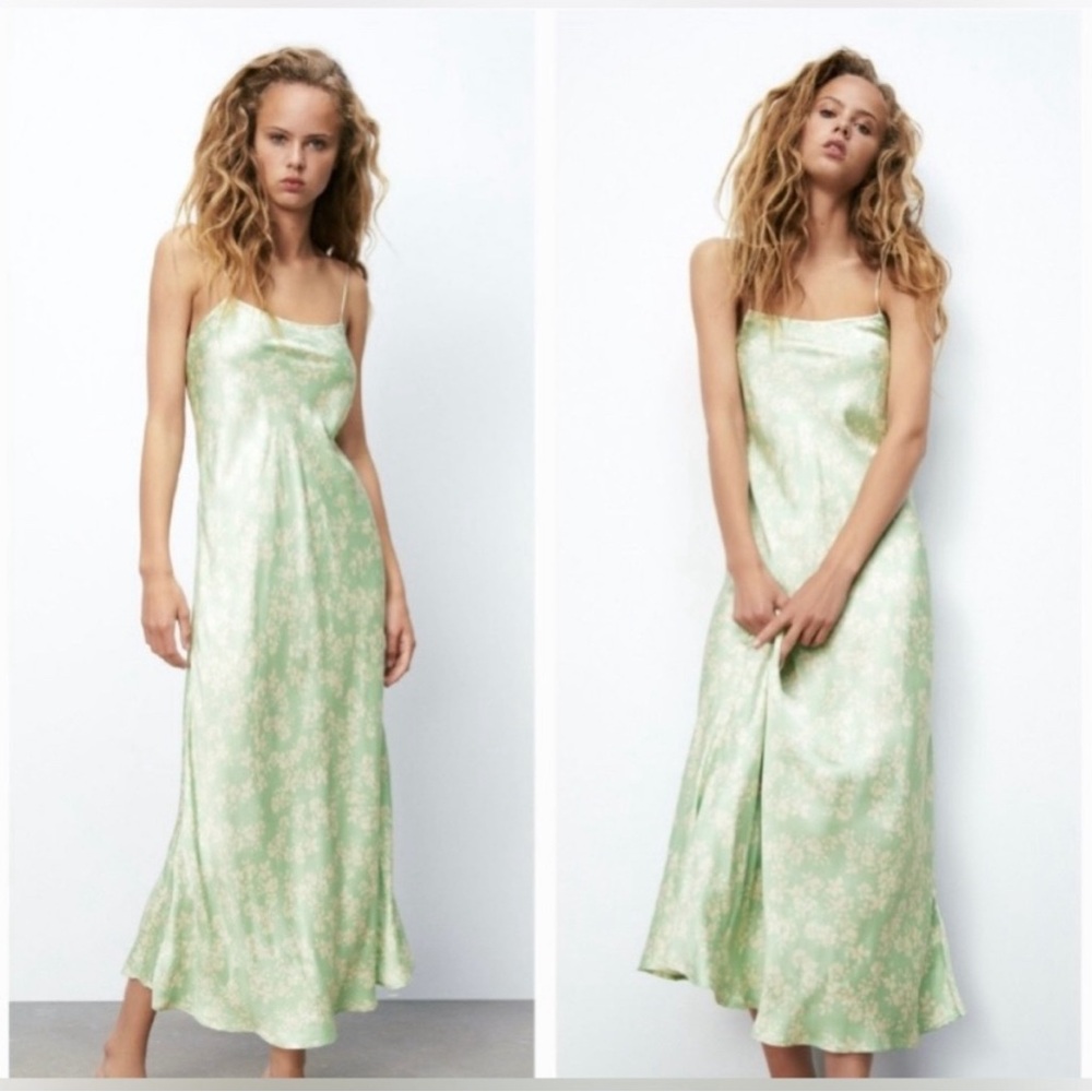 NWT Zara Green Satin Floral Dress - Size Medium - NEW